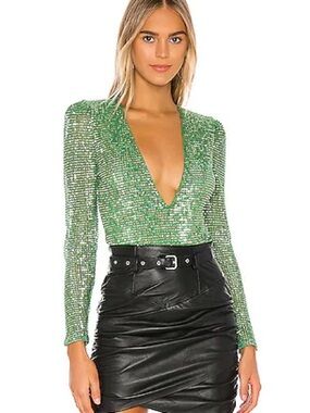 Revolve hours XS Studio green sequin long sleeve plunge bodysuit